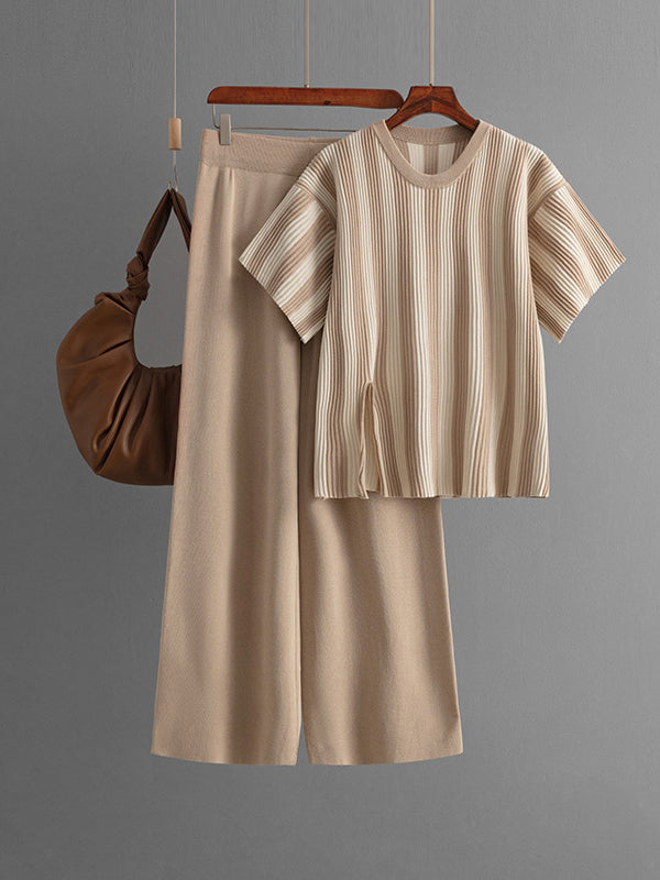 Striped Short-Sleeve Top & Wide-Leg Pants Set