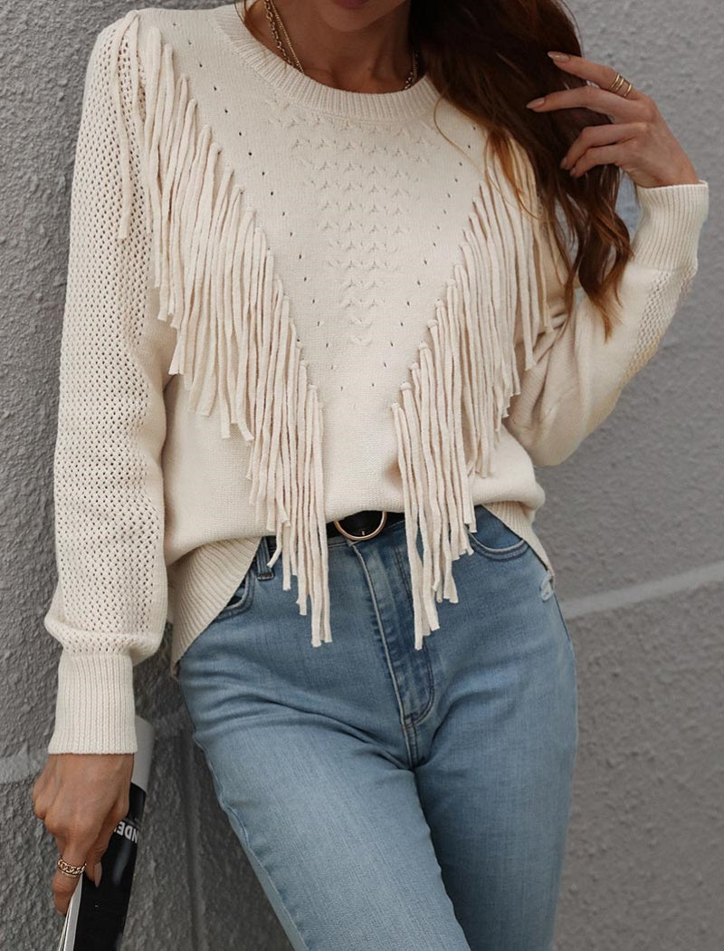 Fringe Accent Knit Crew Neck Sweater