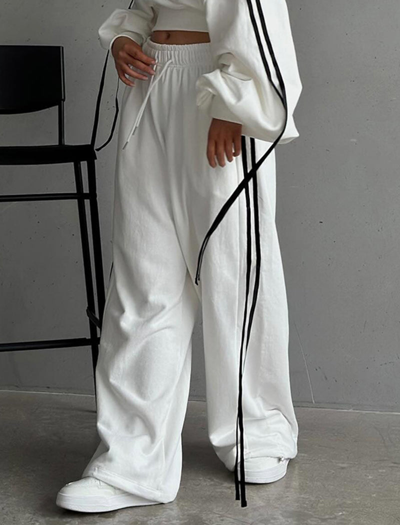 Color-Blocked Drawstring Waist Off-Shoulder Hoodie and Pants Set