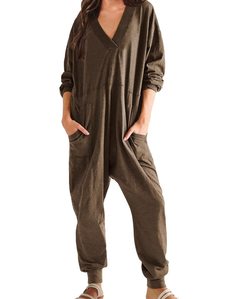 V-Neck Pockets Jumpsuit