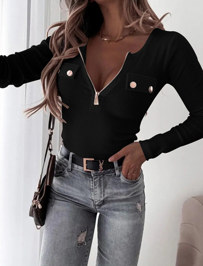 Ribbed Zip-Front Long Sleeve Top