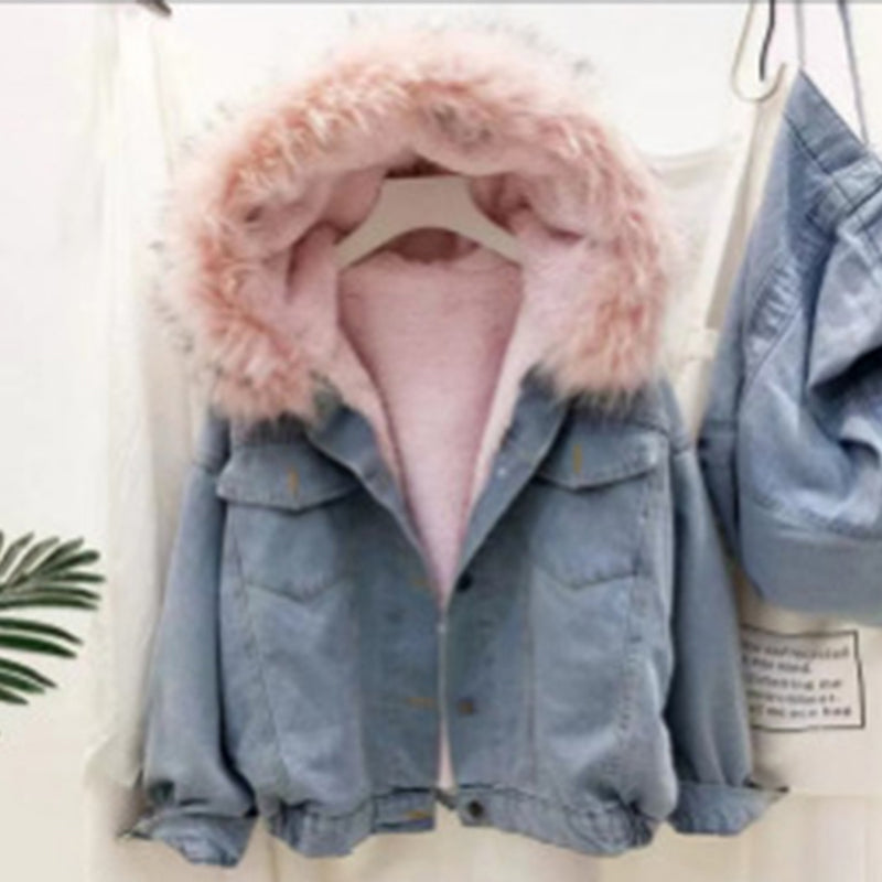 Denim Bomber Jacket with Fur Collar