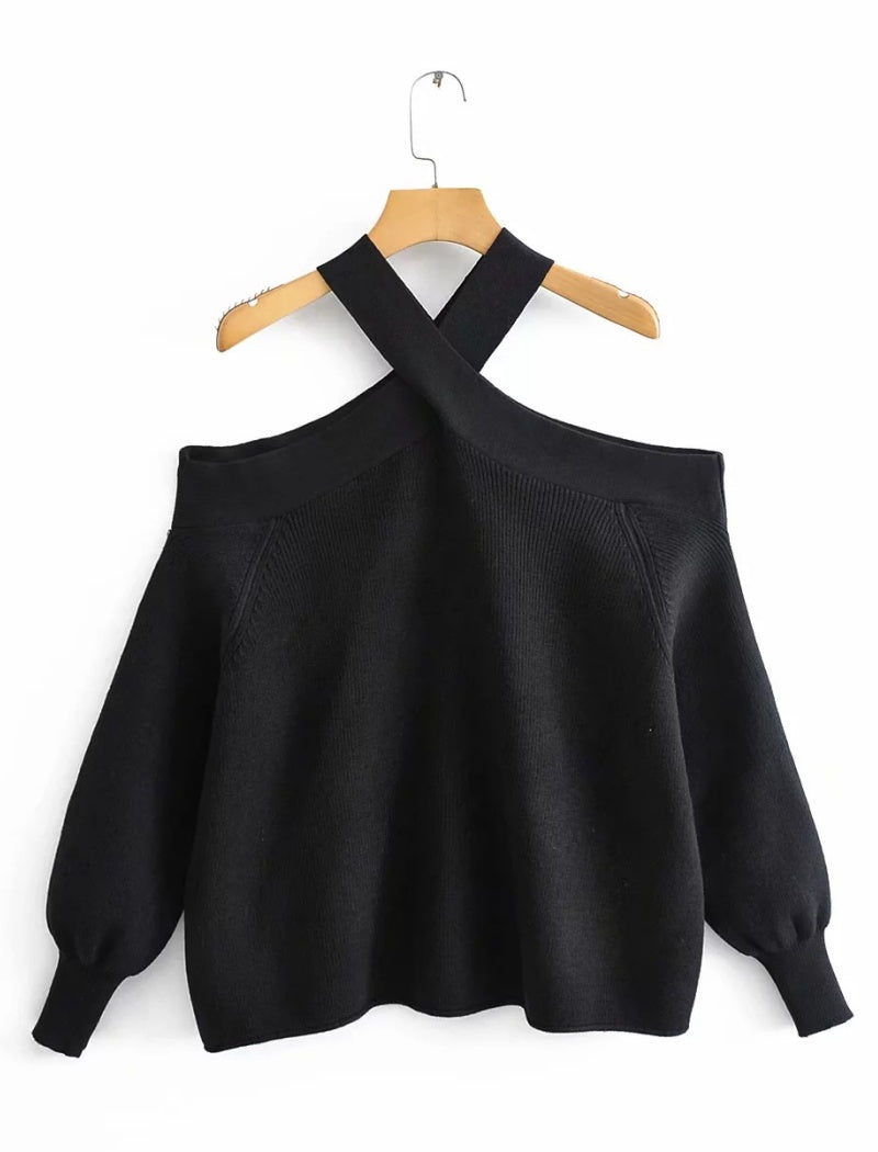 Cross-Neck Off-Shoulder Sweater