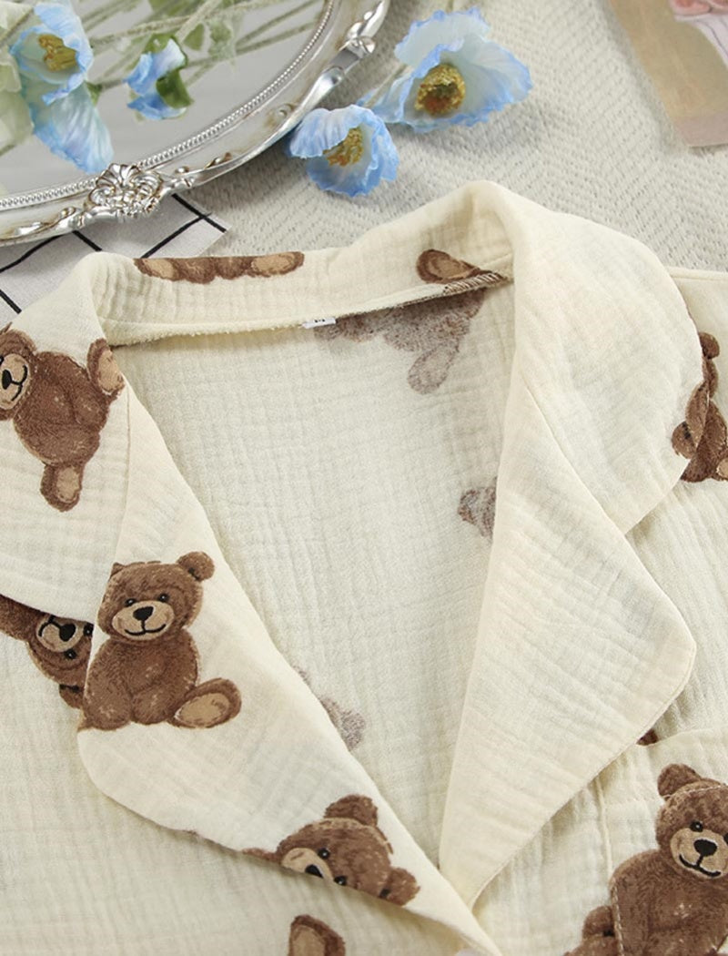 Teddy Bear Print Button-Up Pajama Set