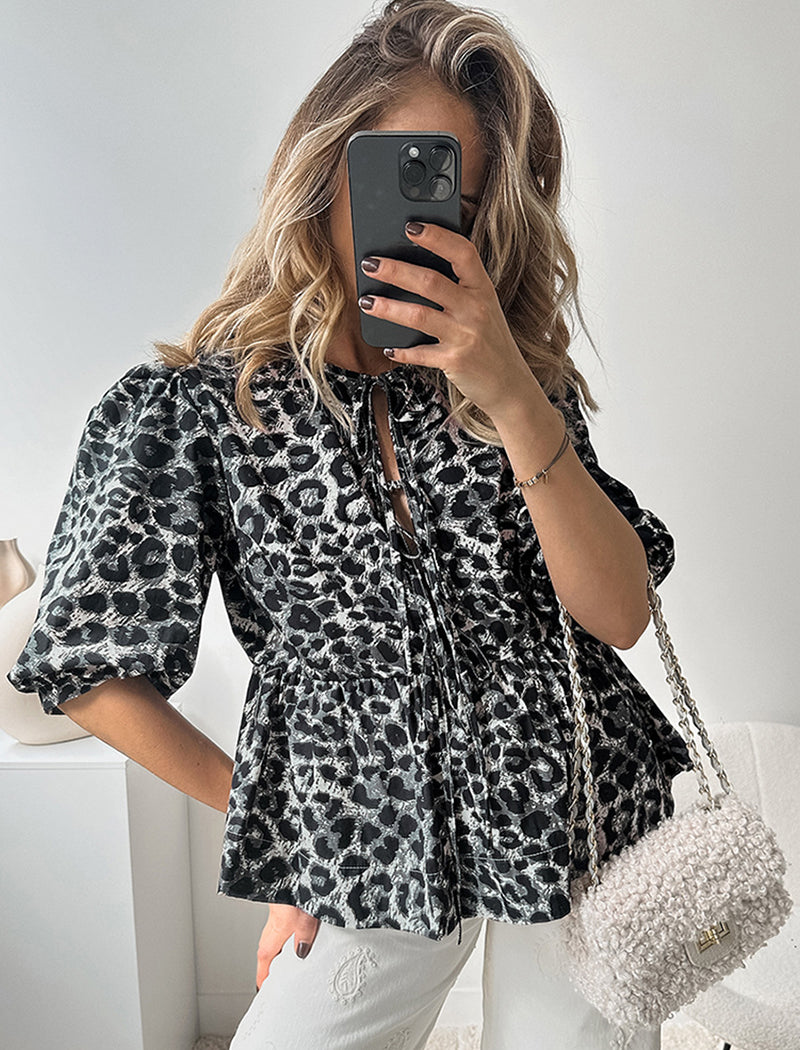 Leopard Print Tie-Front Puff Sleeve Shirt