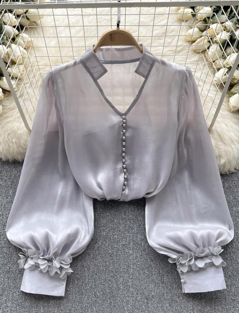 Floral Applique Blouse With Puff Sleeves