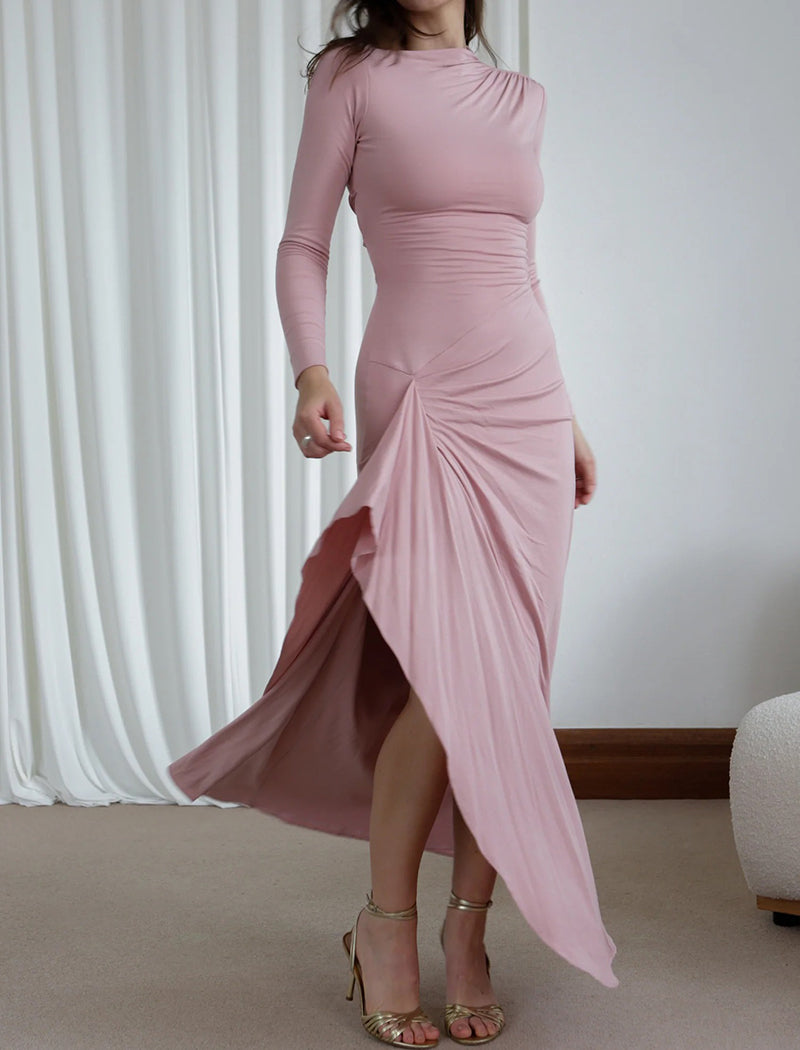 Long-Sleeve Fitted Maxi Dress with Ruched Detail