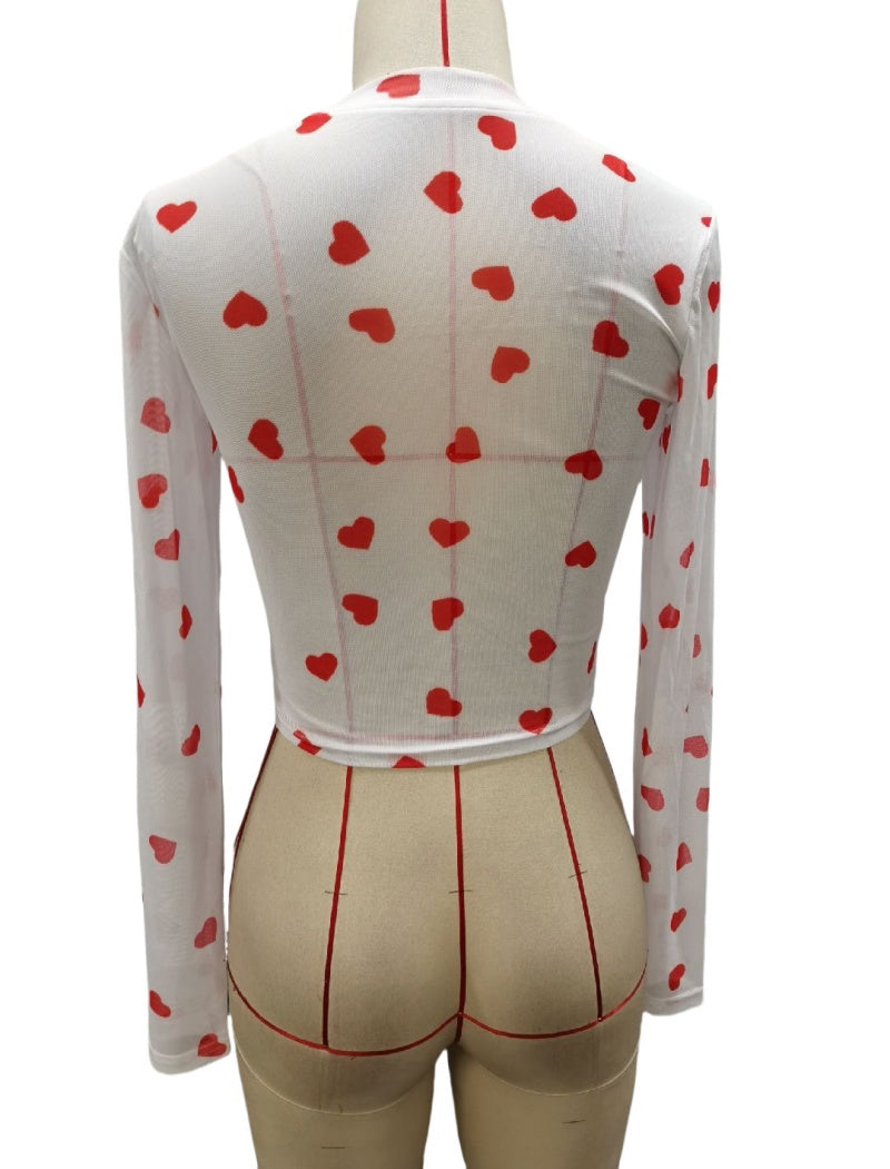 Heart Print Mesh Long Sleeve Top