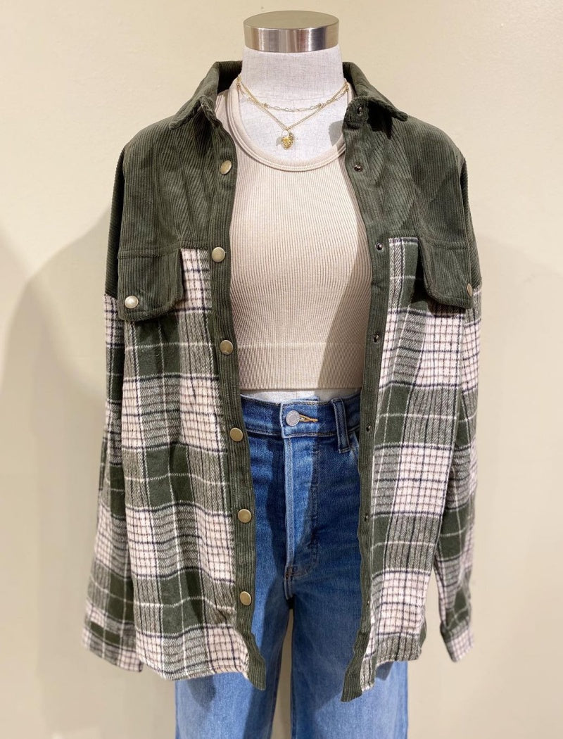 Plaid Color-Blocked Shirt Jacket
