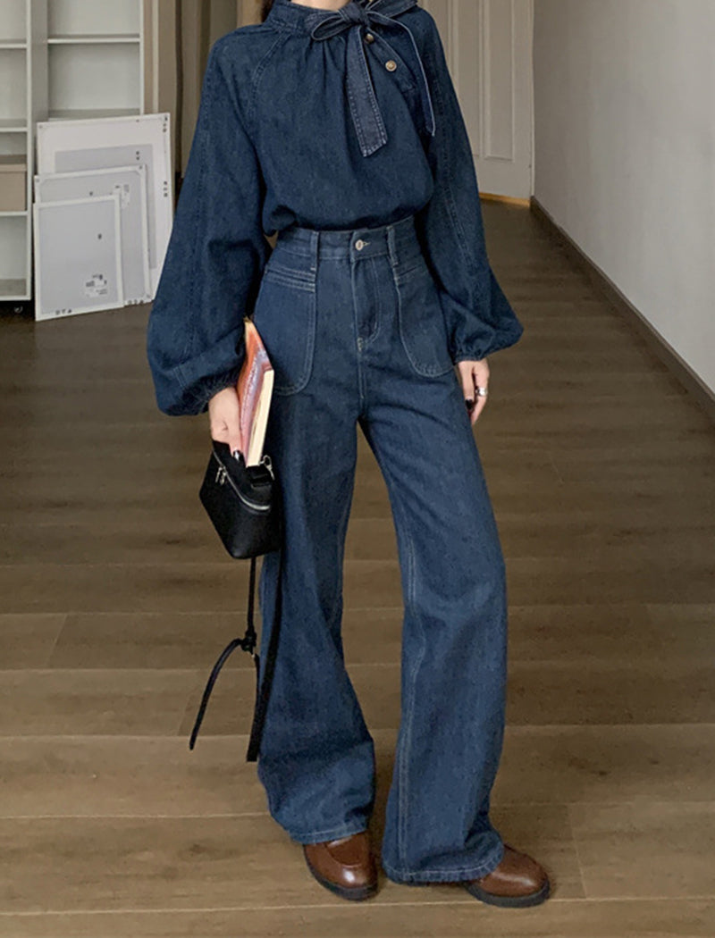 Wide-Leg High-Waist Denim Pants