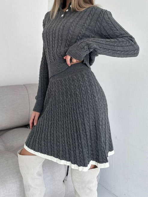 Ribbed Buttoned Sweater and Mini Skirt Set