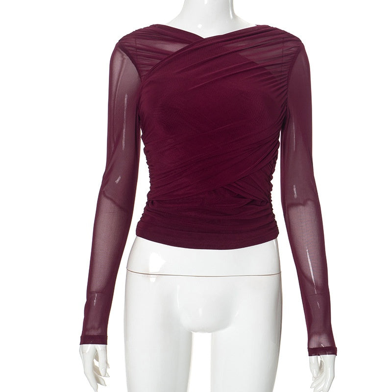 Draped Mesh Long Sleeve Top