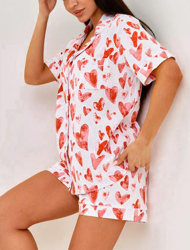 Button-Up Heart Print Short Pajama Set