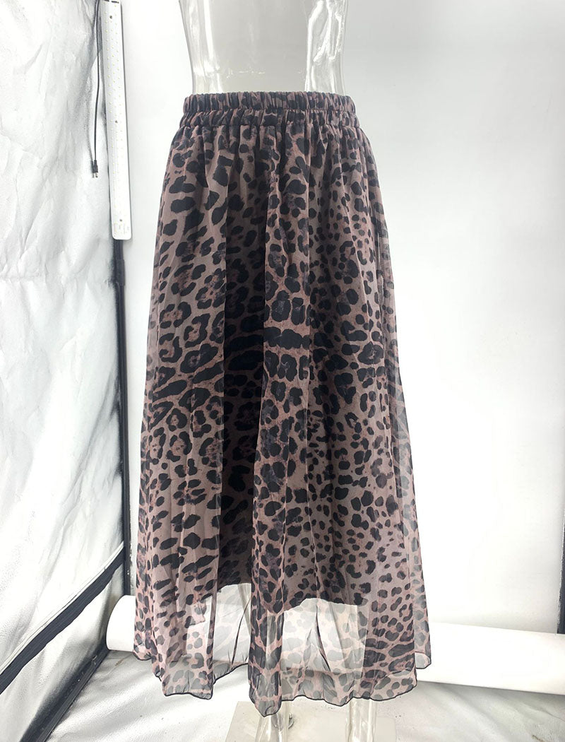 Leopard Print Tulle Overlay Midi Skirt
