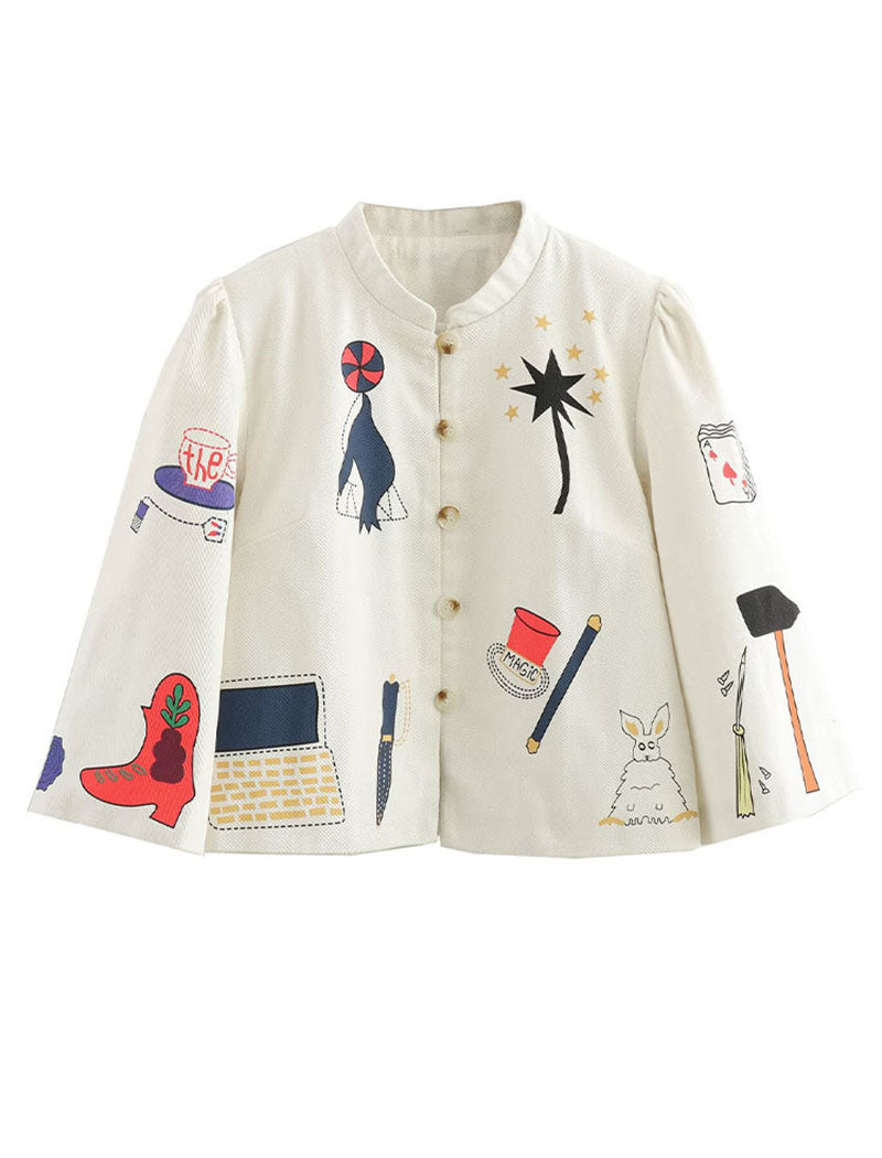 Graphic Patch Embellished Button Jacket
