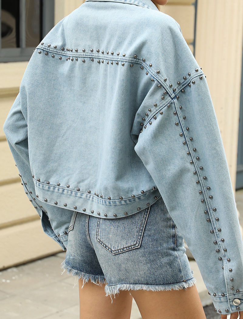 Washed Long Sleeve Studded Denim Jacket