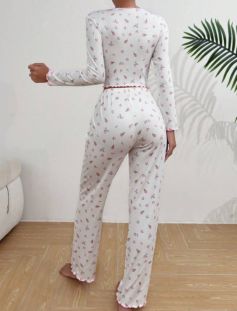 Bow Tie Collar Rolled-Cuff Long Sleeve Pajama Set