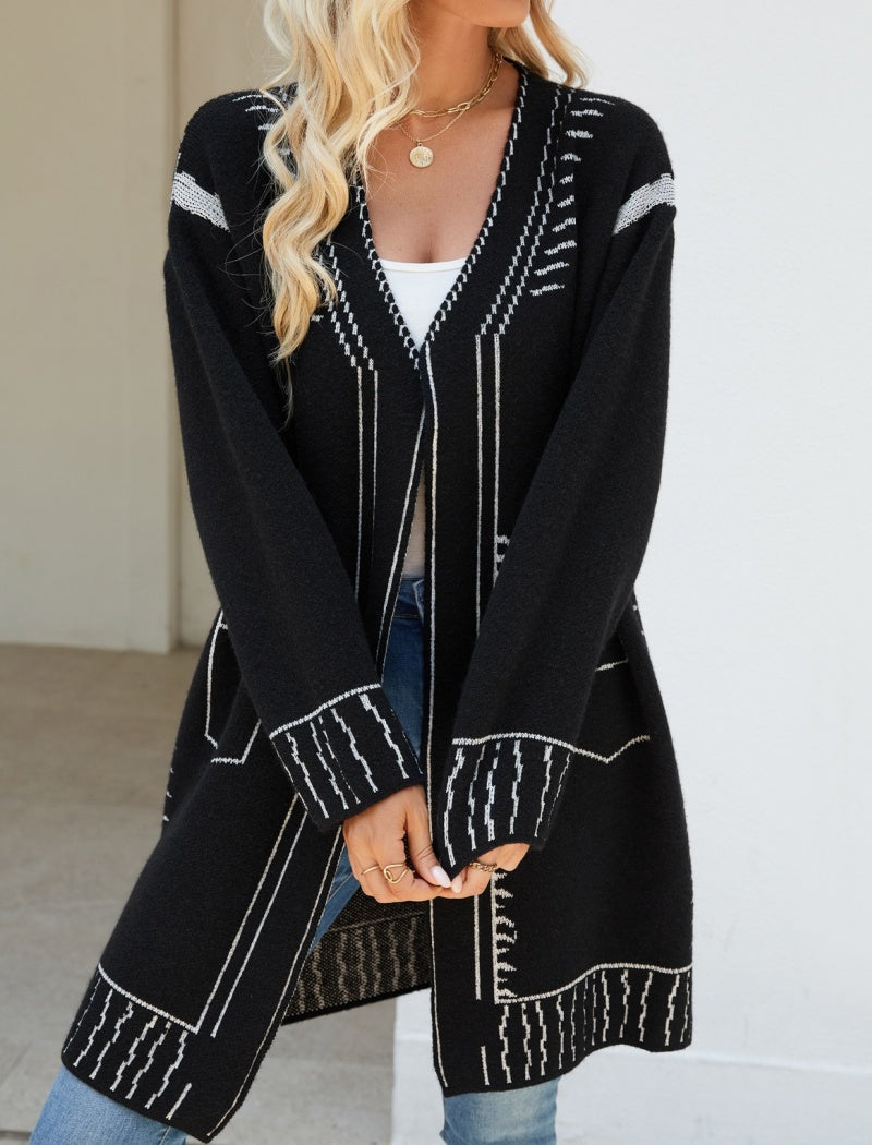 Illustrated Pattern Open-Front Long Cardigan