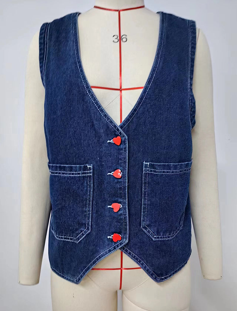 Button-Up Denim Vest with Pocket Detail