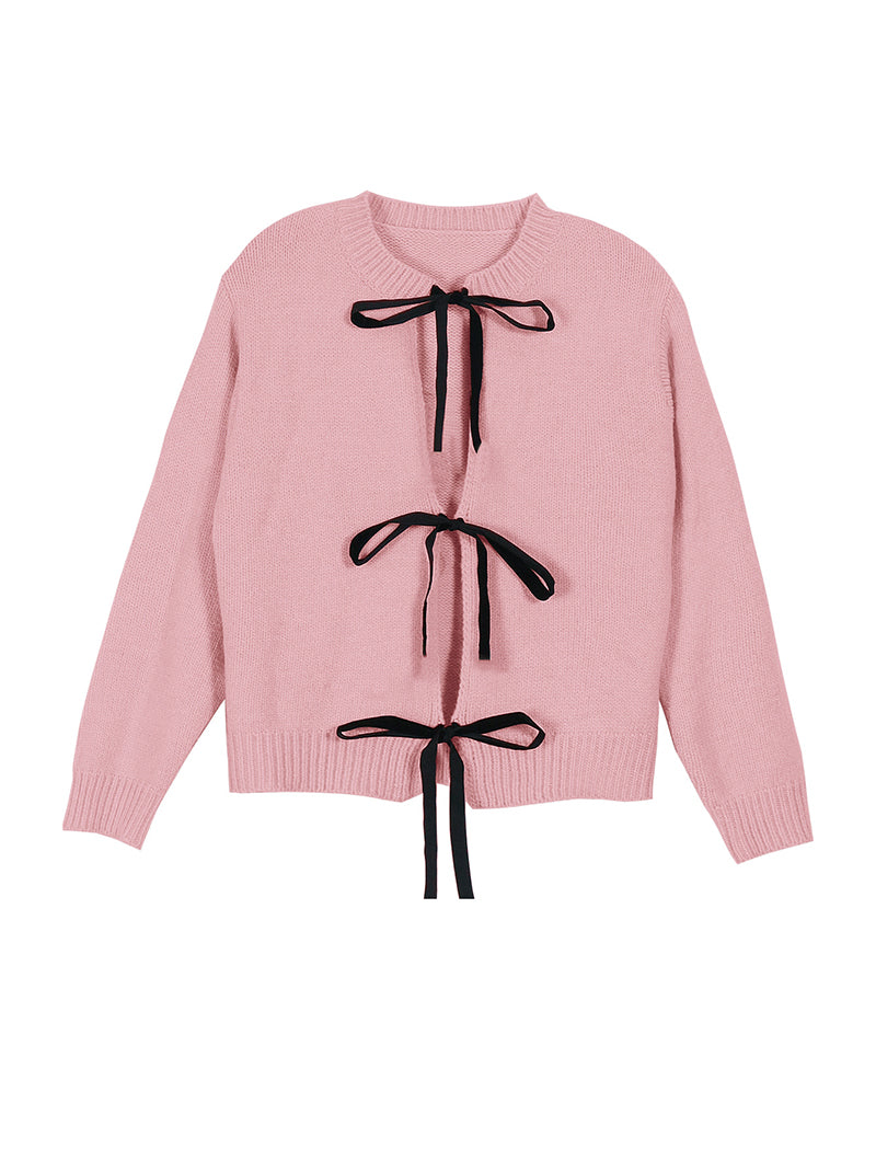 Bow-Knot Colorblock Lace-Up Long Sleeve Knit Top
