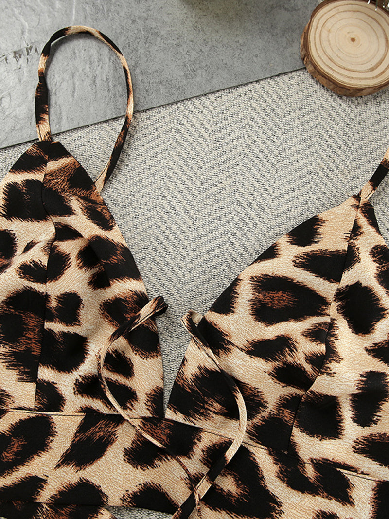 Leopard Print Bralette and Shorts and Kimono Set