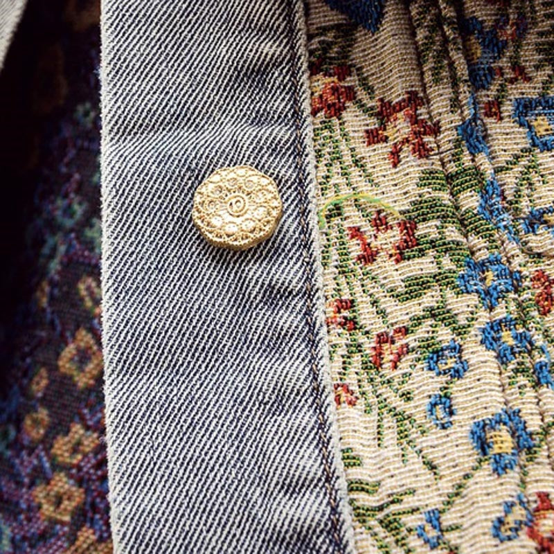 Floral Denim Jacket with Ruffle Collar