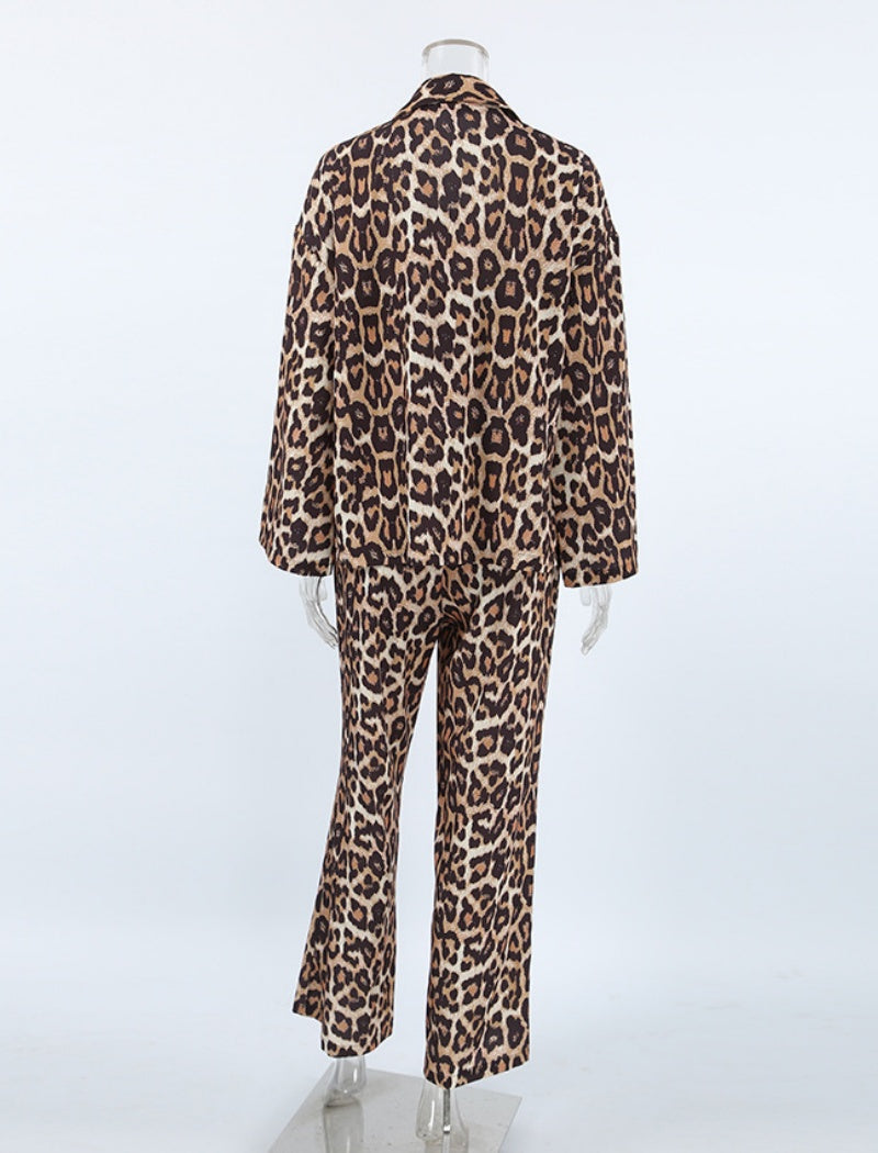Leopard Print Square Neck Long Sleeve Crop Top and Pants Set