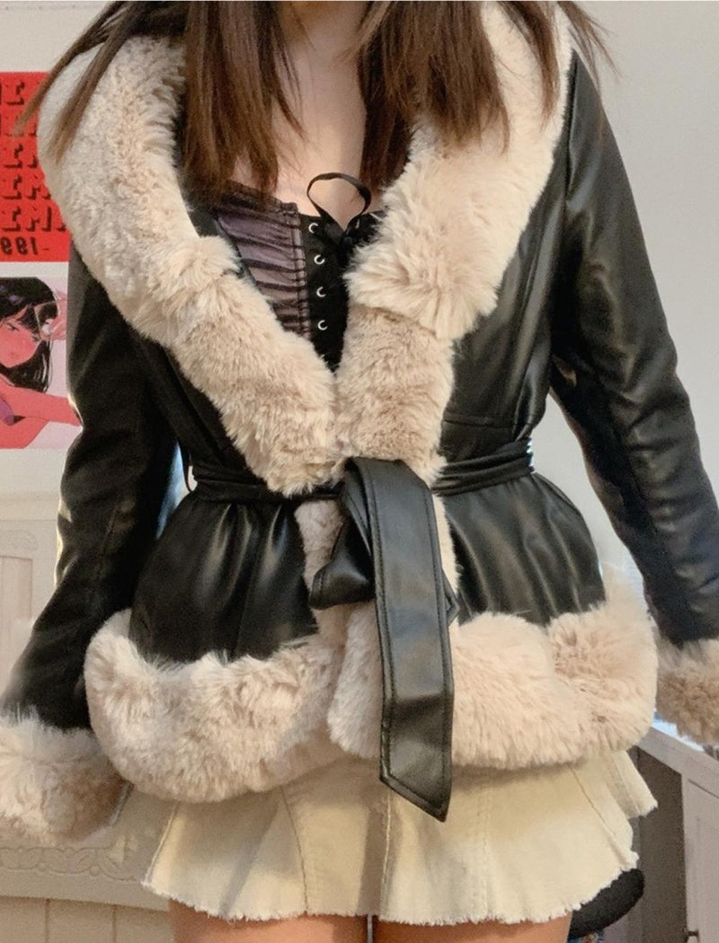 Faux Fur Trim Belted Jacket