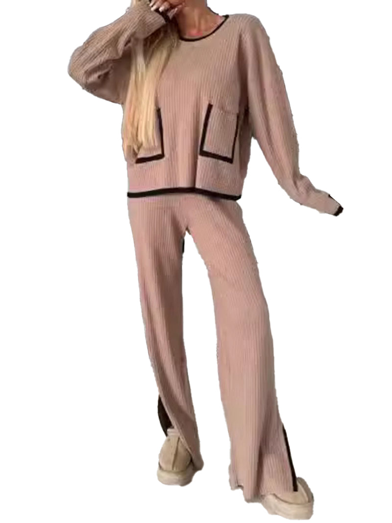 Contrast Trim Ribbed Sweater and Wide-Leg Split-Hem Pants Set