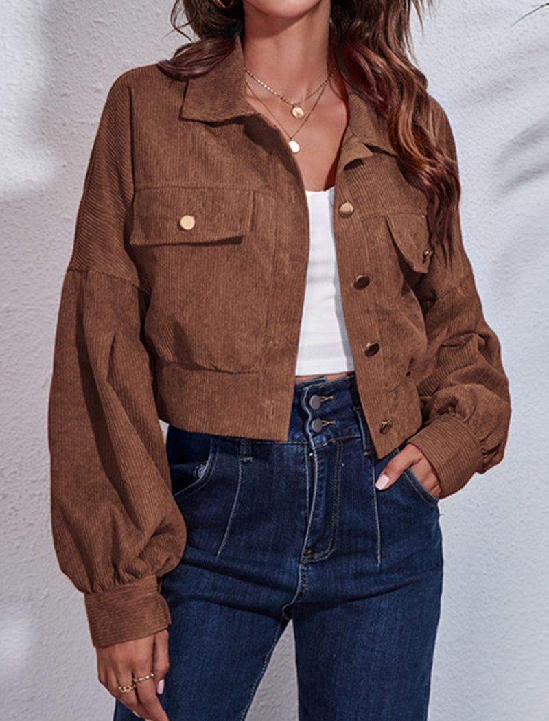 Corduroy Lantern Sleeve Cropped Jacket