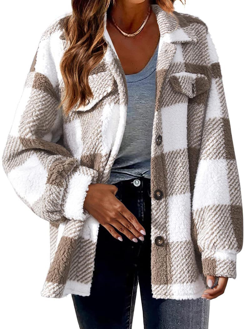 Plaid Sherpa Jacket with Button Closure