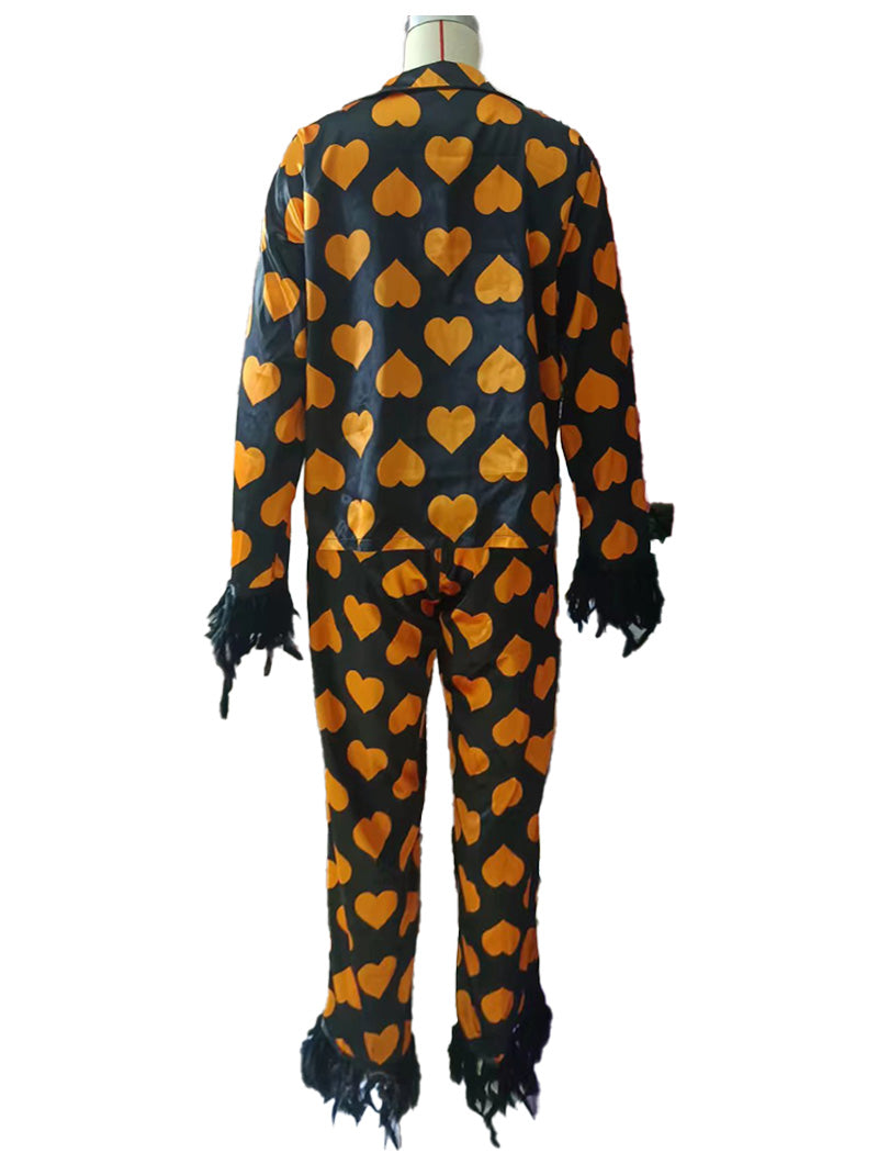 Heart Print Pajama Set with Feather Trim