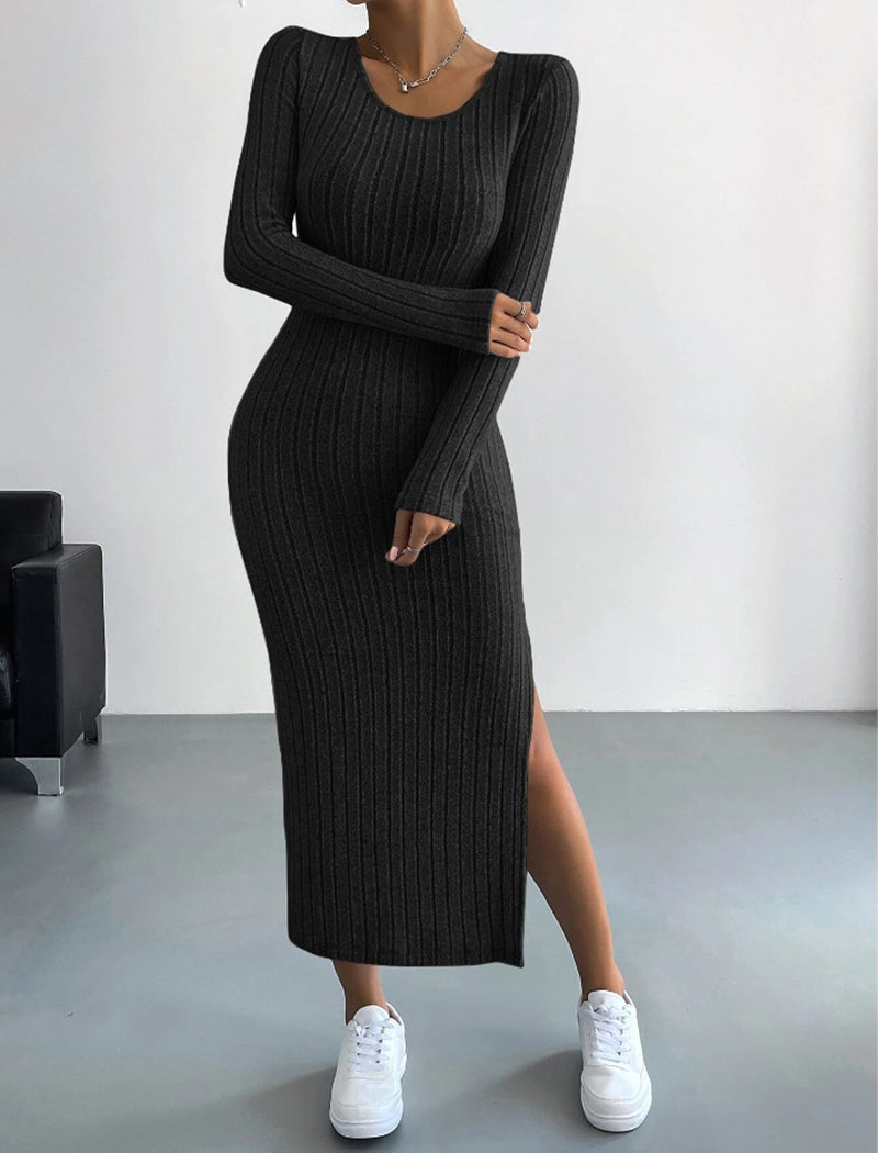 Ribbed Long-Sleeve Slit Maxi Dress