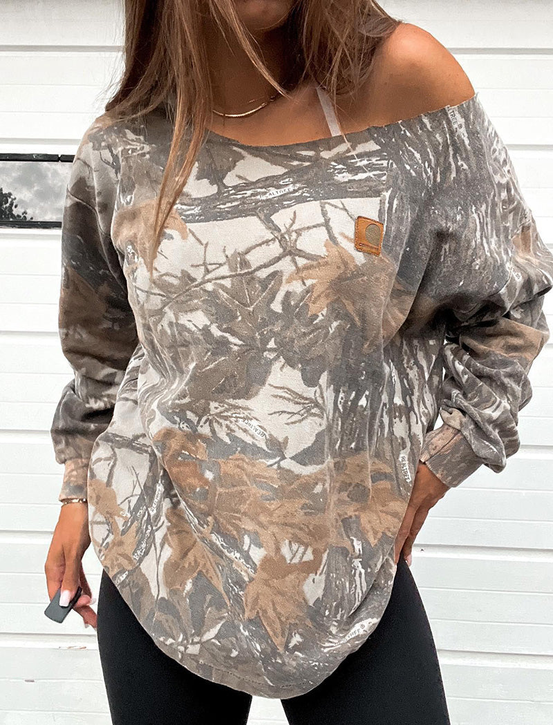 Off-Shoulder Camouflage Pullover