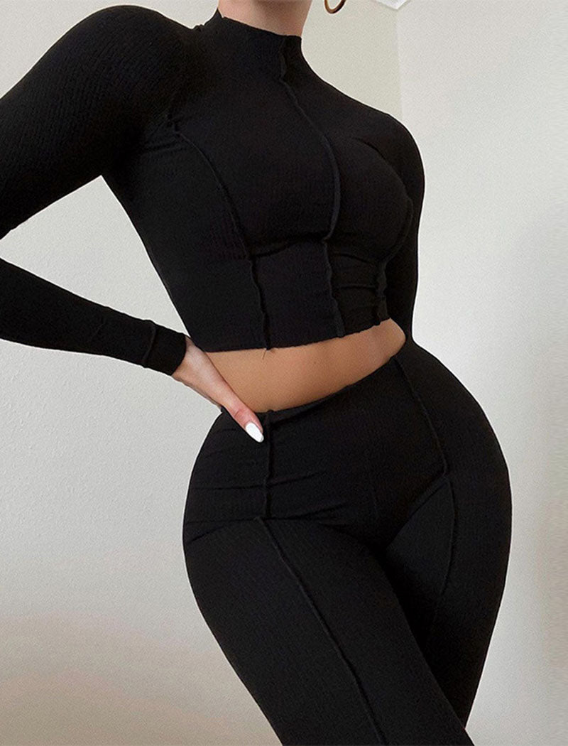 High-Neck Long-Sleeve Crop Top and Leggings Set