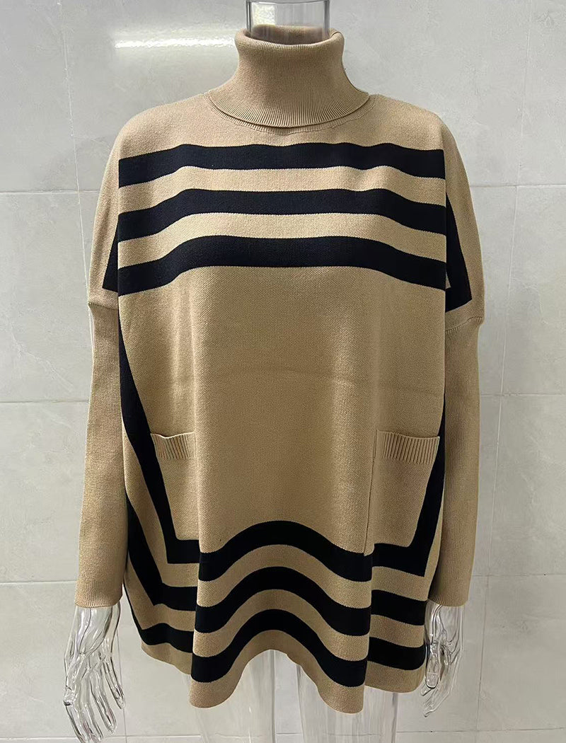 High Neck Striped Batwing Sleeve Cape Sweater