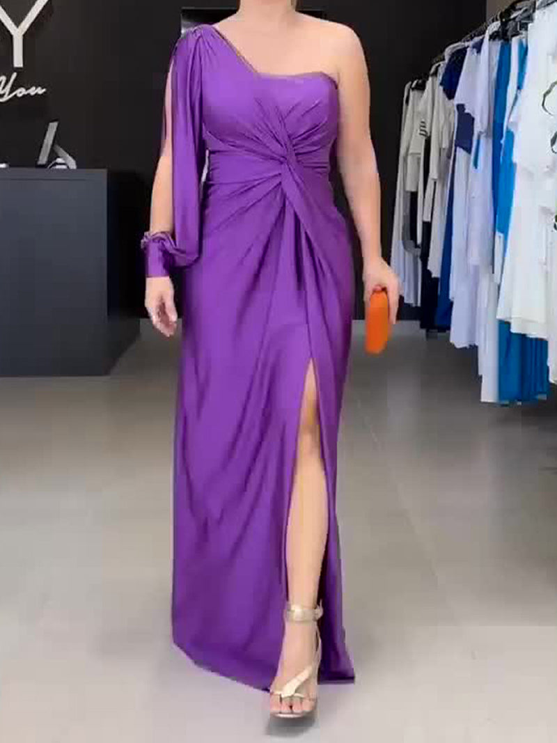 One-Shoulder Draped Split-Hem Maxi Dress