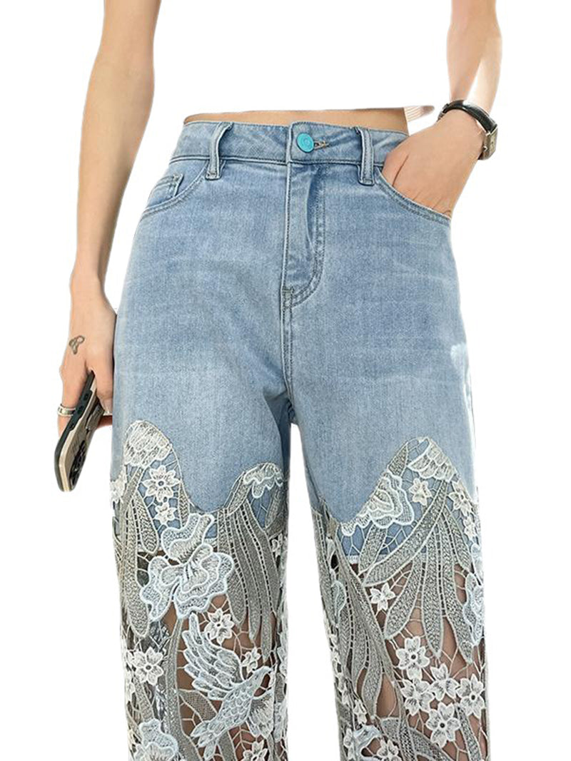 Lace Denim Wide-Leg Pants
