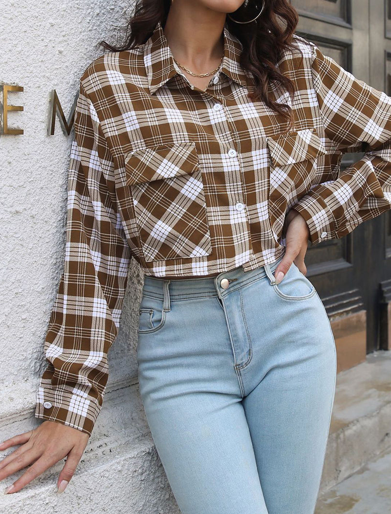 Cropped Plaid Shirt with Pocket Details