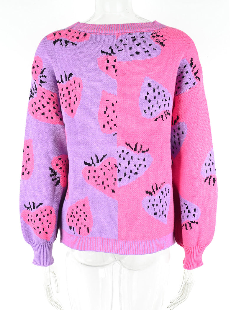 Strawberry Button-Front Knitted Cardigan