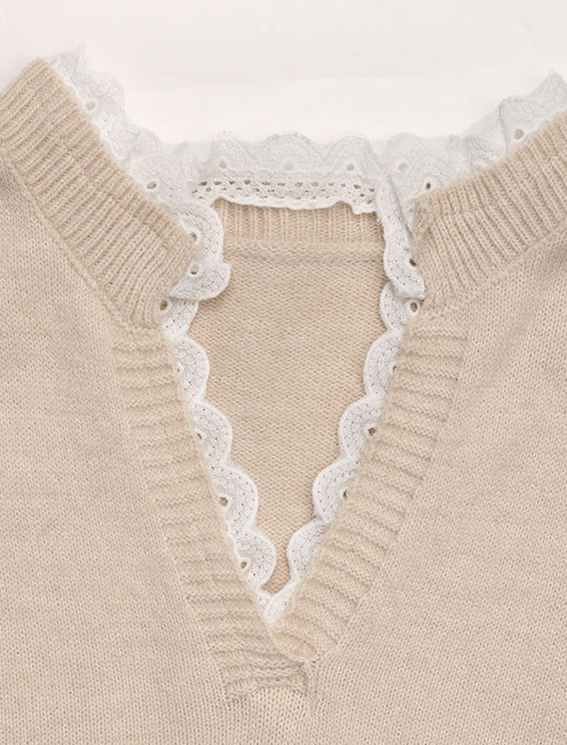 V-Neck Knitted Sweater with Lace Trim