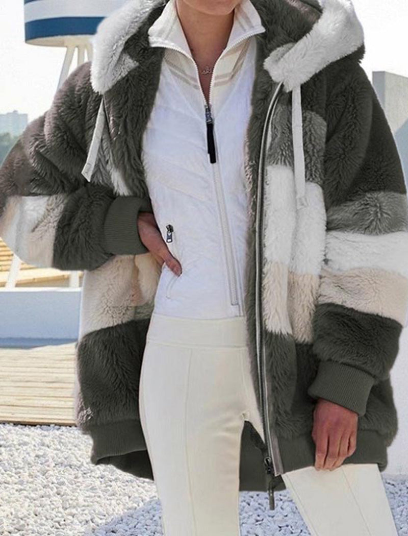 Hooded Patchwork Fuzzy Jacket