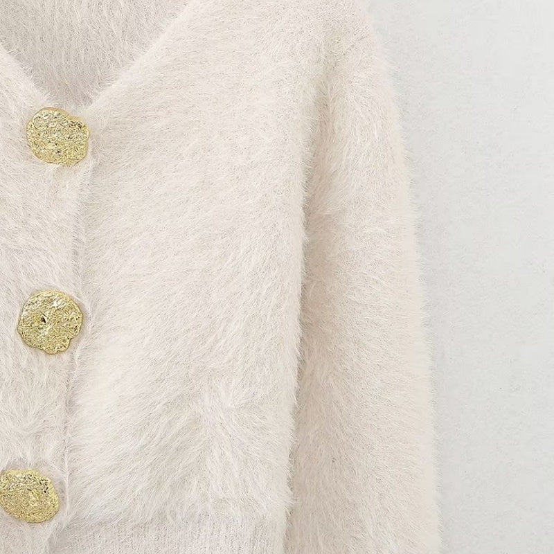 Button-Front Fuzzy Knit Cardigan