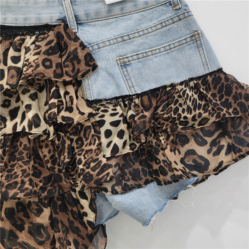Asymmetrical Denim & Animal Print Ruffle Skirt