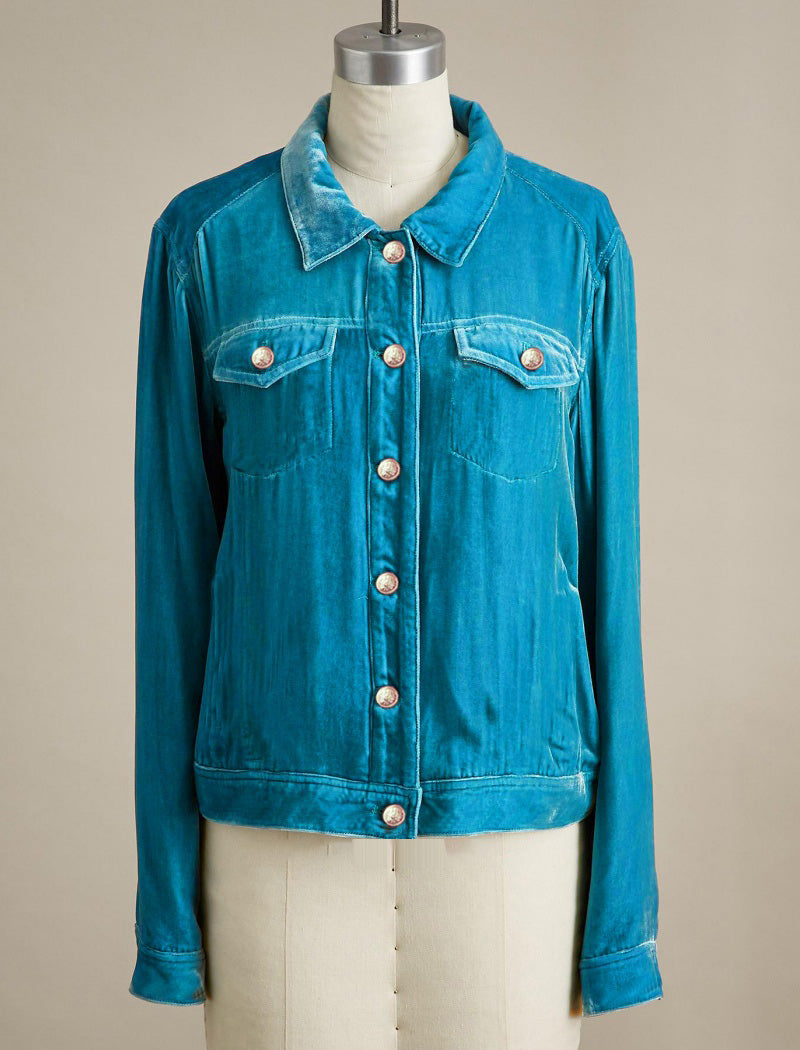Button-Up Velvet Jacket with Chest Pockets
