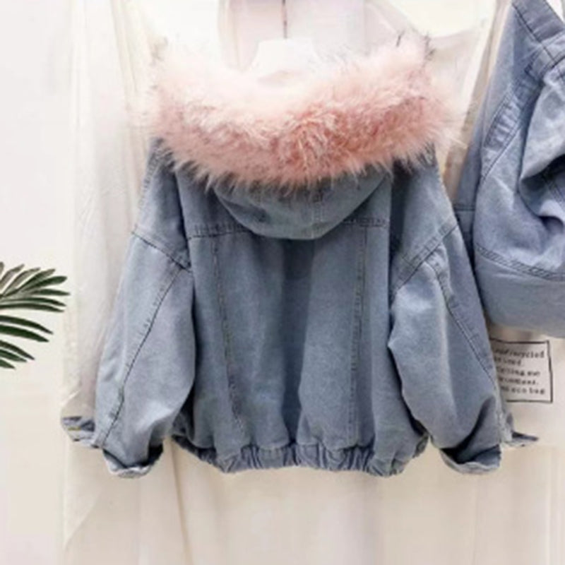 Denim Bomber Jacket with Fur Collar