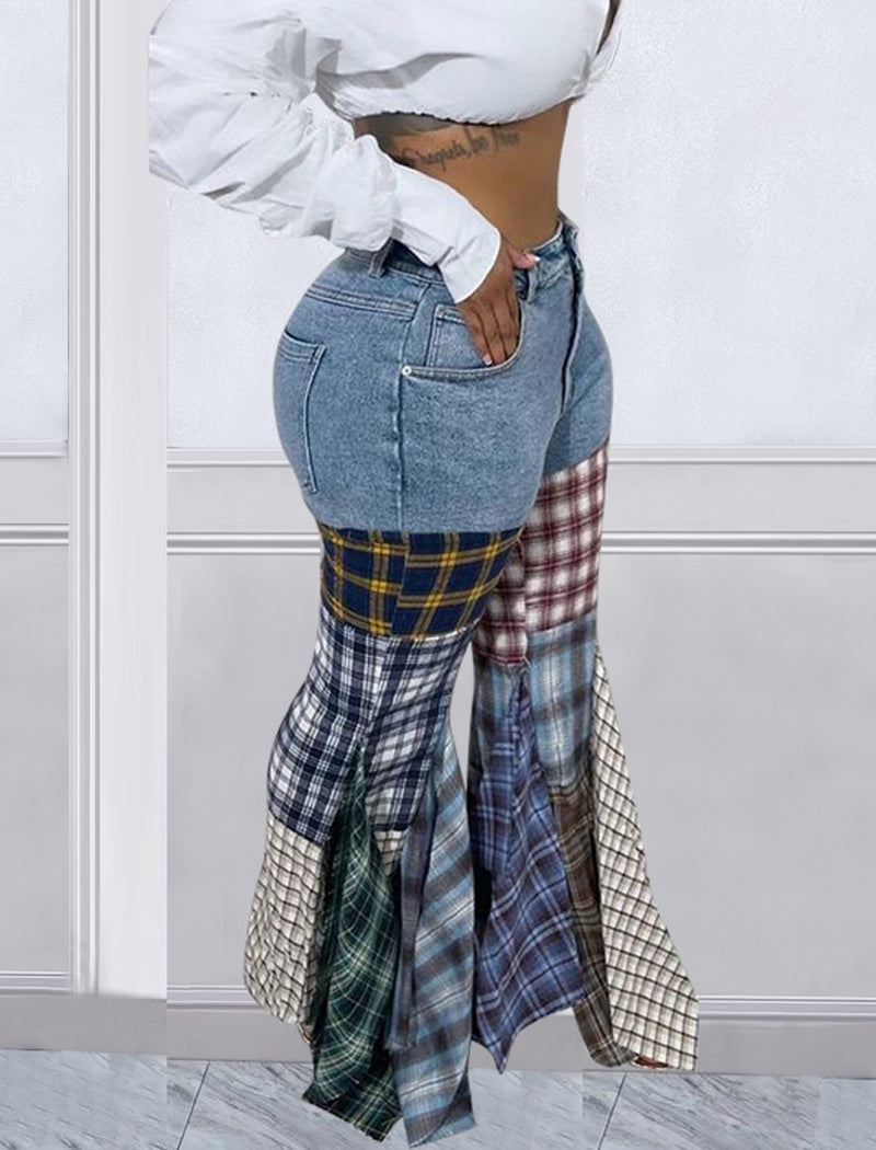 Patchwork Flare Leg Denim Pants