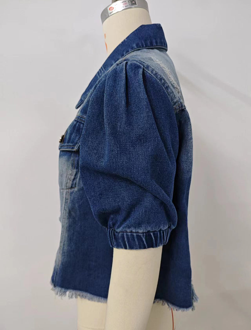 Puff-Sleeve Cropped Denim Jacket