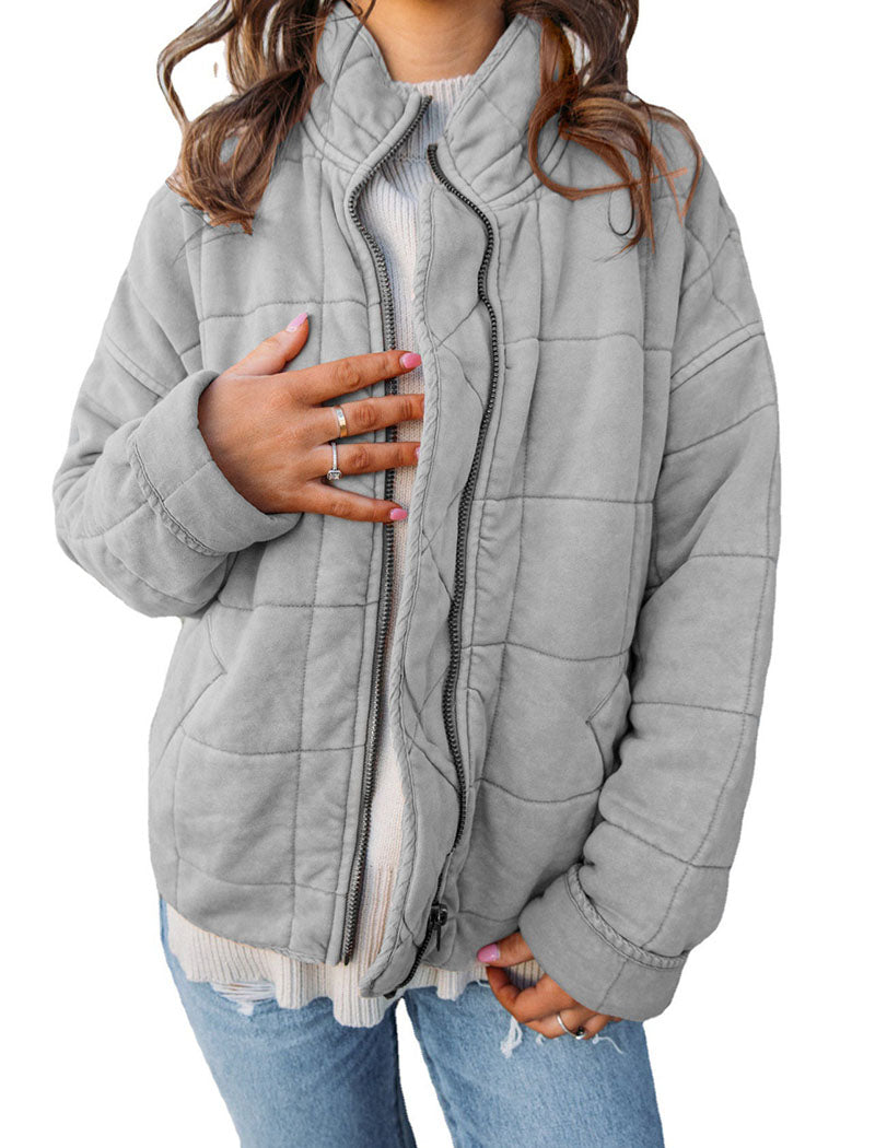 Quilted Zip-Up Jacket with Stand Collar