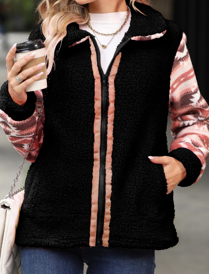 Color Block Sherpa Zipper Jacket